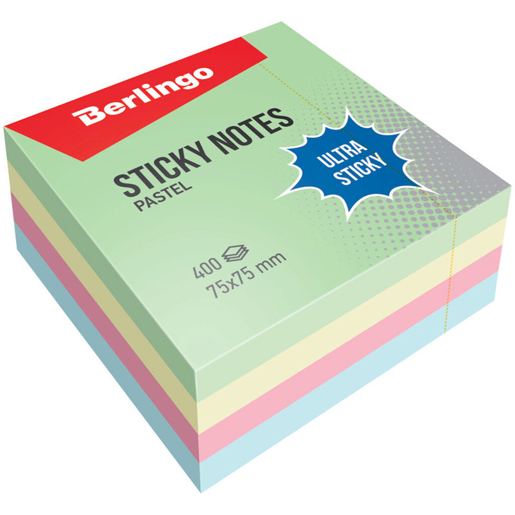 Самоклеящийся блок Berlingo Ultra Sticky 75/75 мм 400 листов 4 пастельных цвета LSn_40001