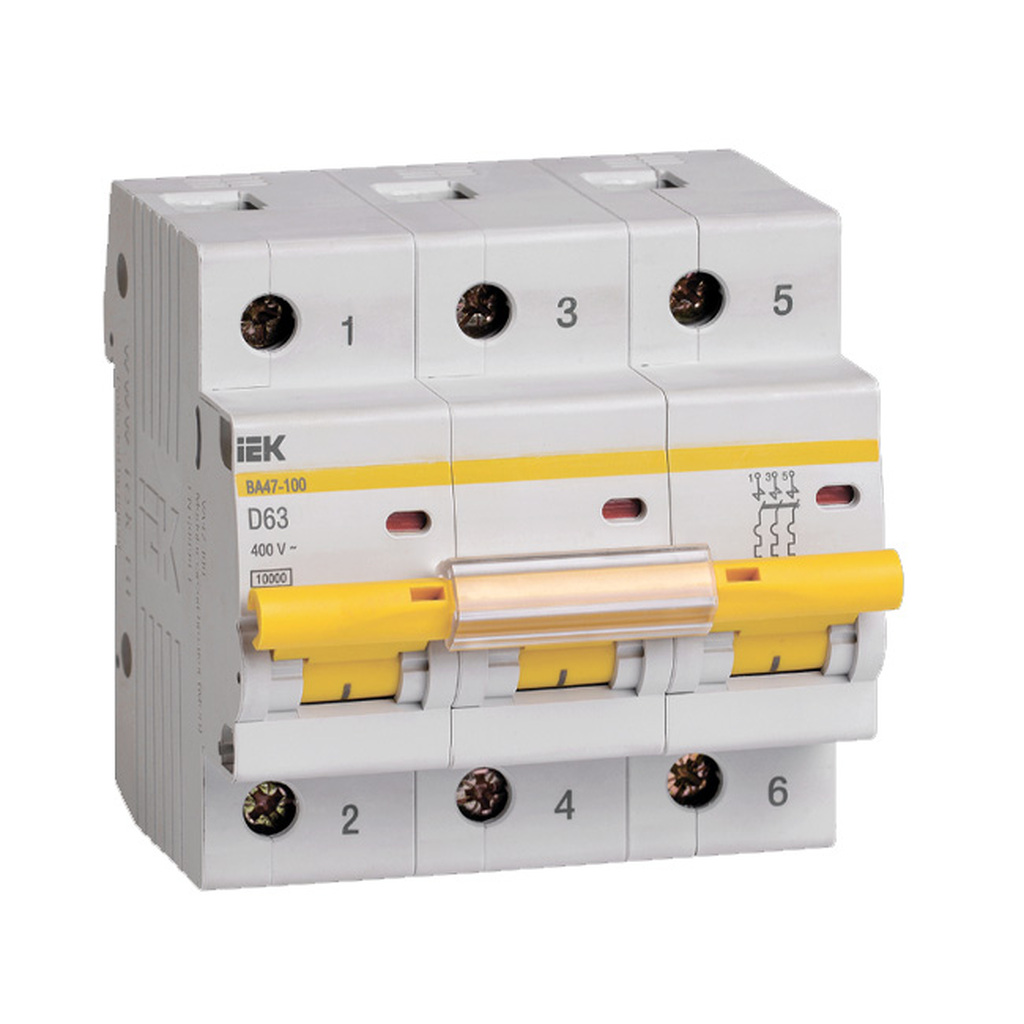 Автоматический модульный выключатель IEK ВА 47-100 3п, D, 63А, 10кА, ИЭК MVA40-3-063-D