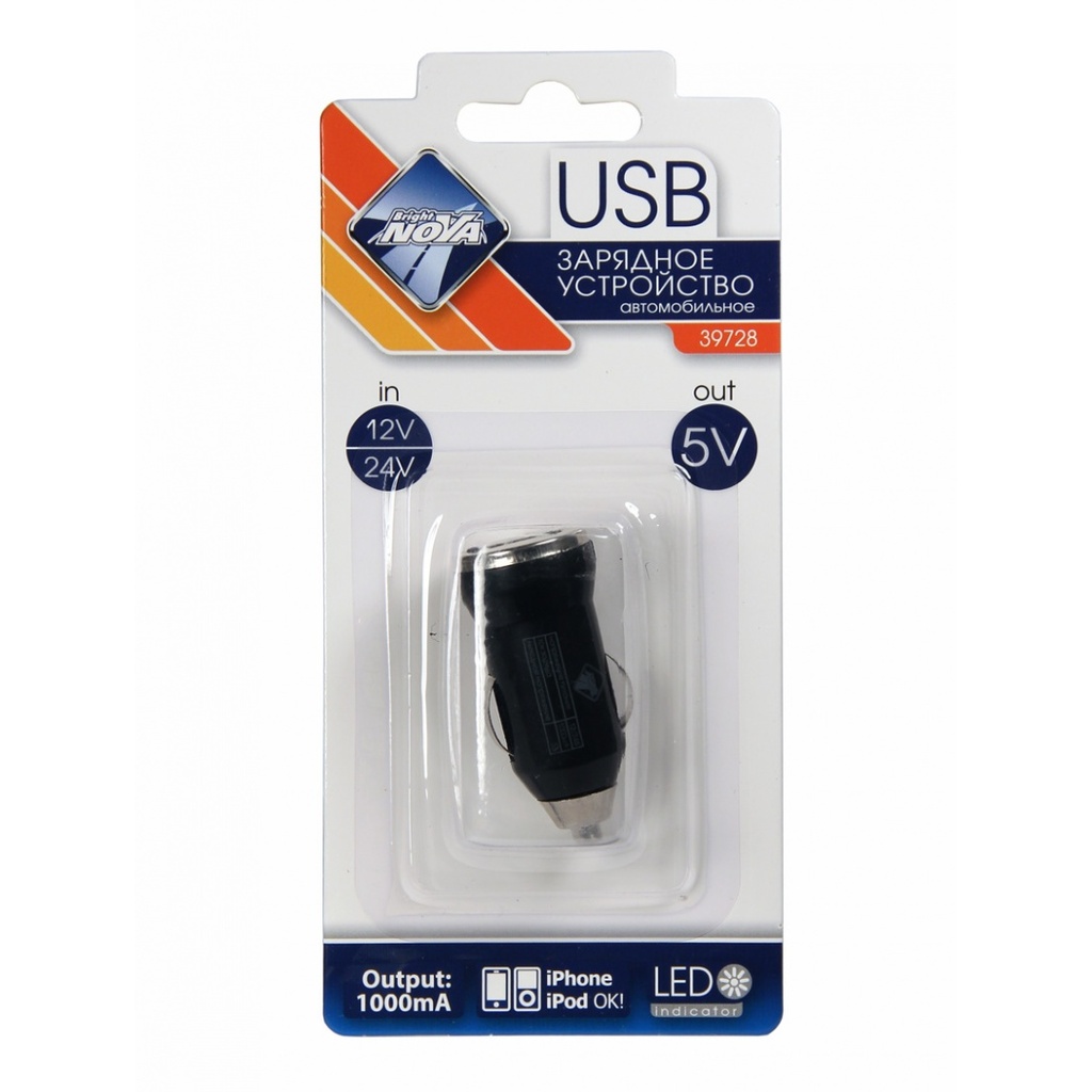 Зарядное устройство Nova Bright USB-порт, 1000 мА, LED индикатор, 12/24 В 39728