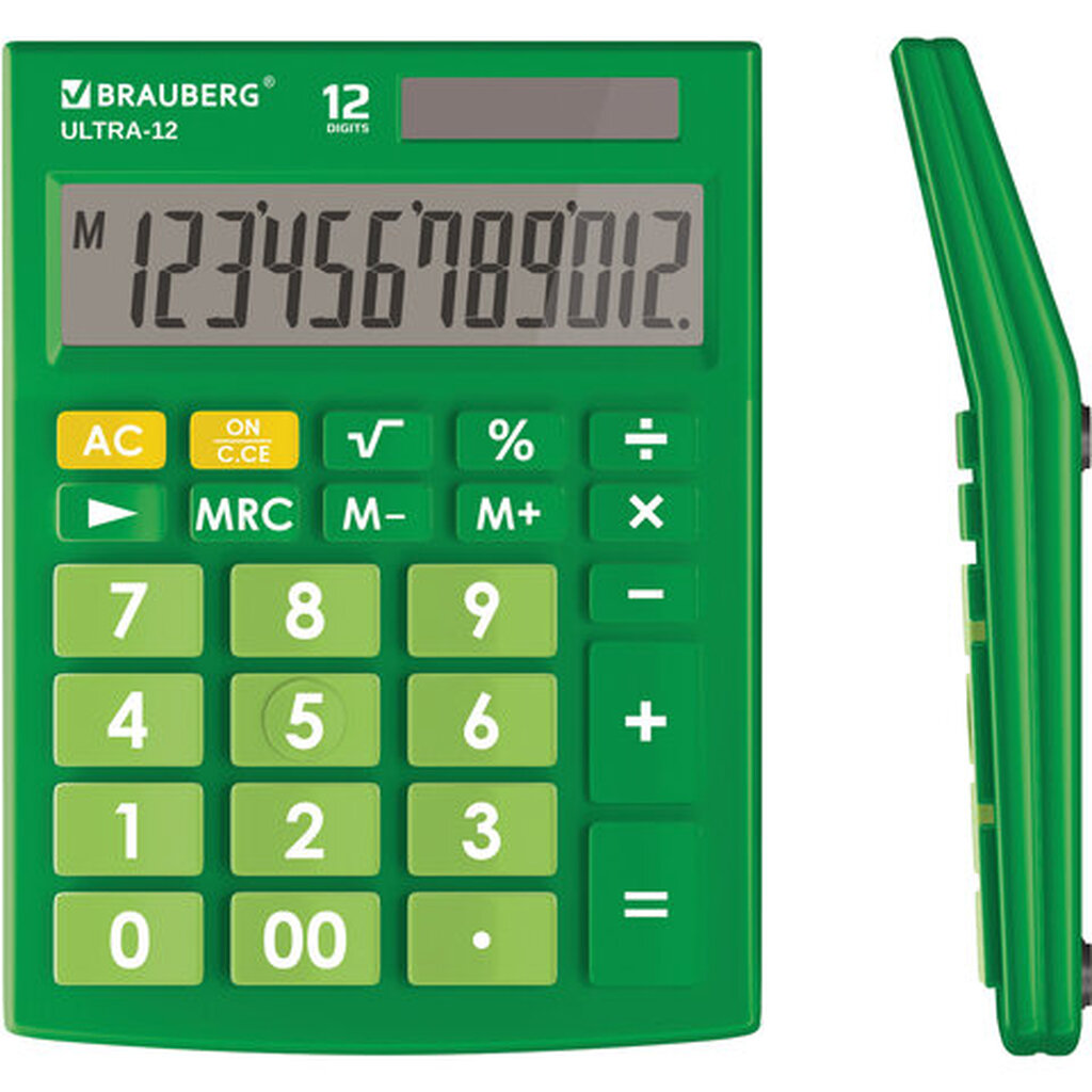 Настольный калькулятор BRAUBERG ULTRA-12-GN 192x143 мм, 12 разрядов, двойное питание, зеленый 250493