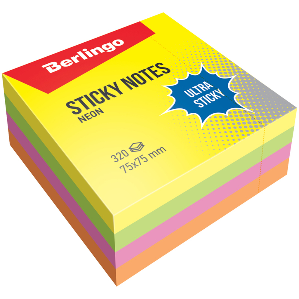 Самоклеящийся блок BERLINGO Ultra Sticky 75х75 мм, 320 листов, 4 неоновых цвета LSn_40002