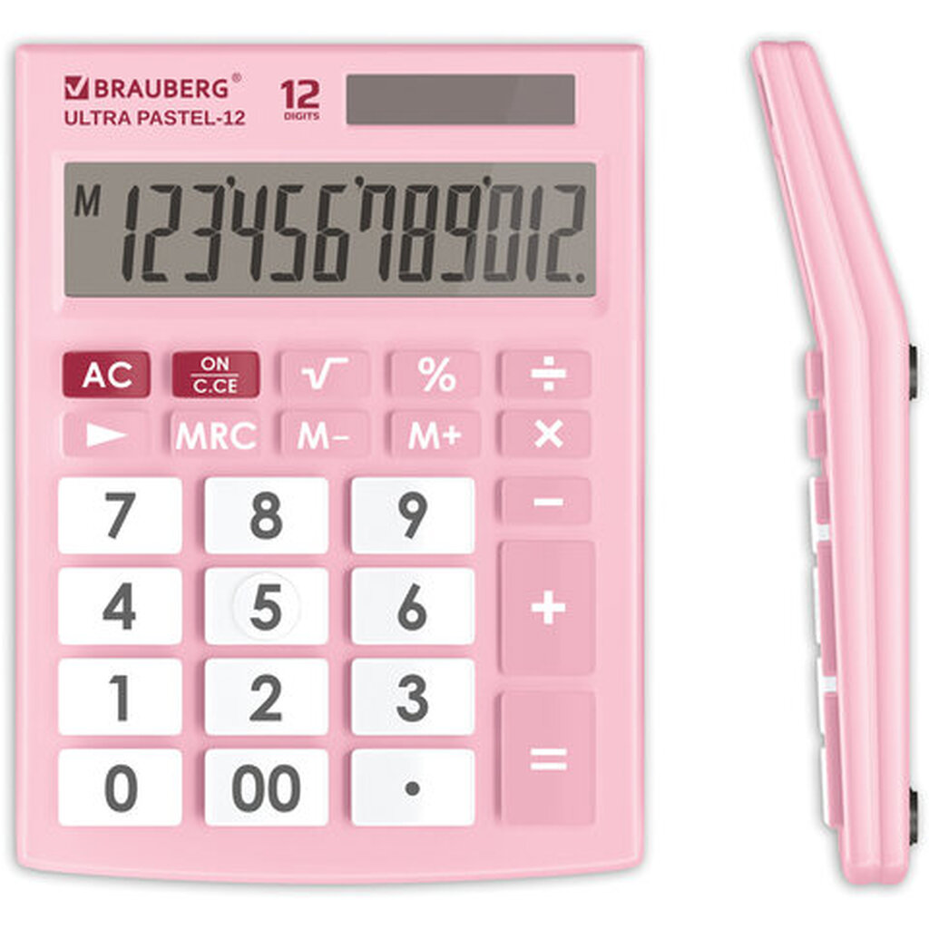 Настольный калькулятор BRAUBERG ULTRA PASTEL-12-PK 192x143 мм, 12 разрядов, розовый, 250503
