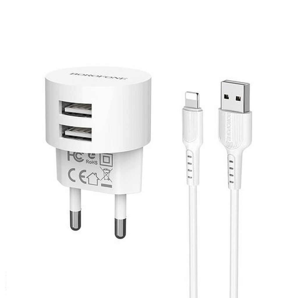 Сетевое ЗУ BOROFONE 2хUSB-А, 2.4А + кабель AM-8pin Lightning 1 м, белый, 23752-BA23AWI