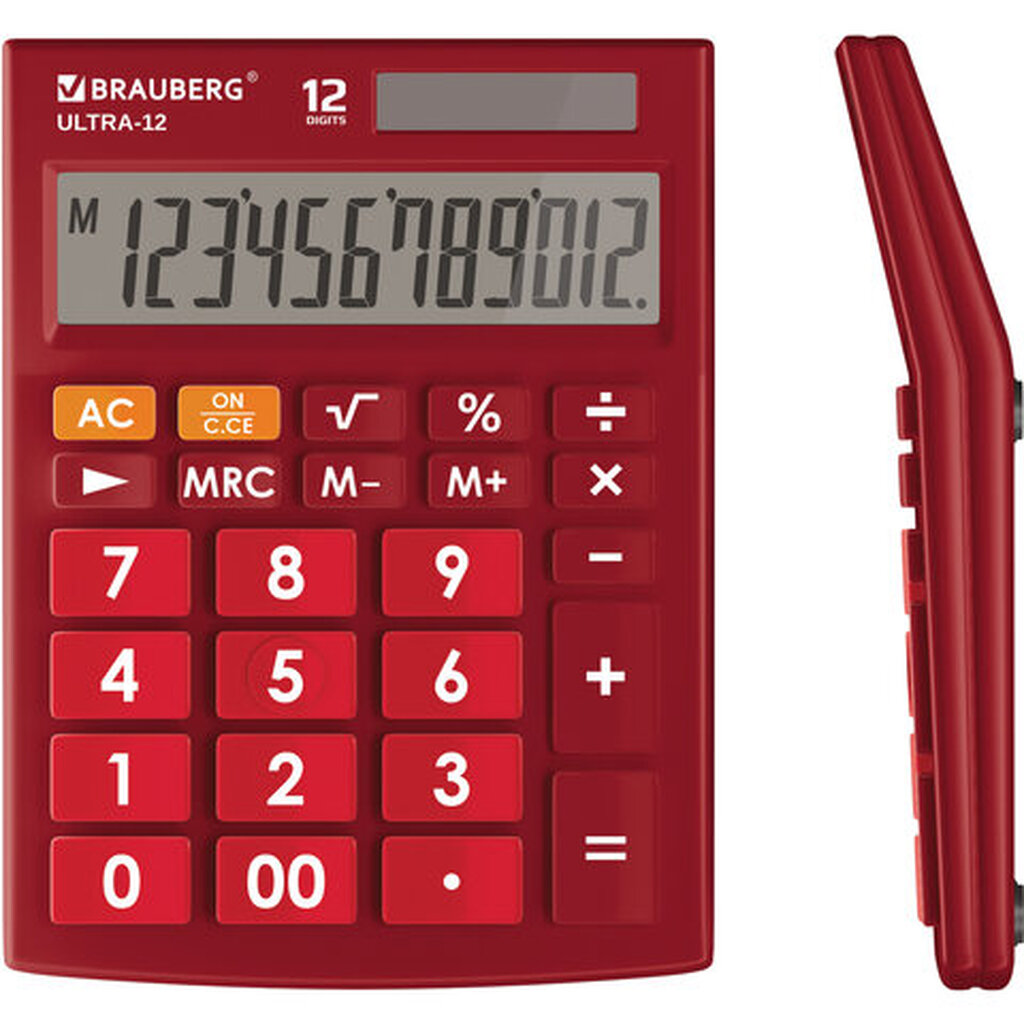 Настольный калькулятор BRAUBERG ULTRA-12-WR 192x143 мм, 12 разрядов, двойное питание, бордовый, 250494