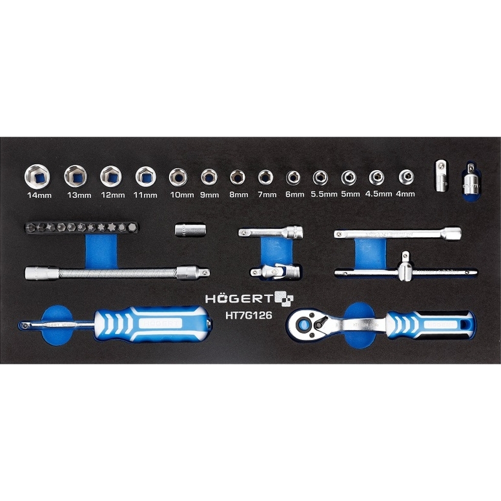 Набор инструментов с трещоткой 1/4 HOEGERT TECHNIK 34 шт., ложемент EVA HT7G126