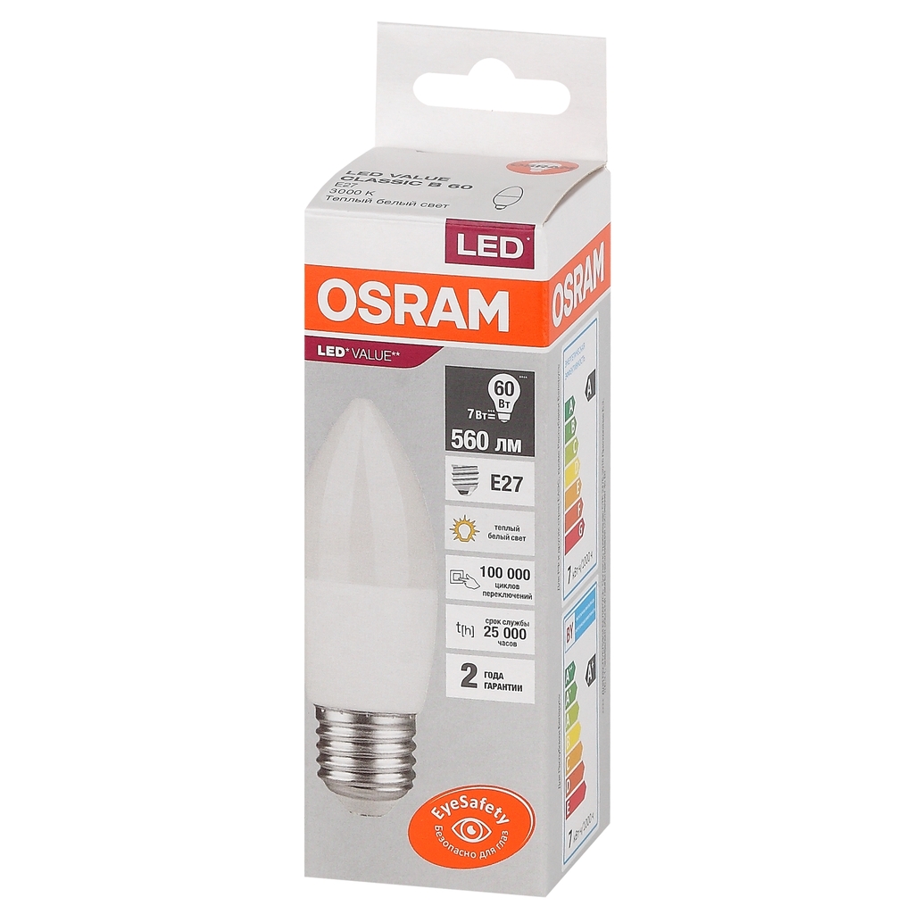 Светодиодная лампа OSRAM LED Value, B, E27, 560Лм, 7Вт, замена 60Вт, 3000К, теплый белый свет 4058075579446