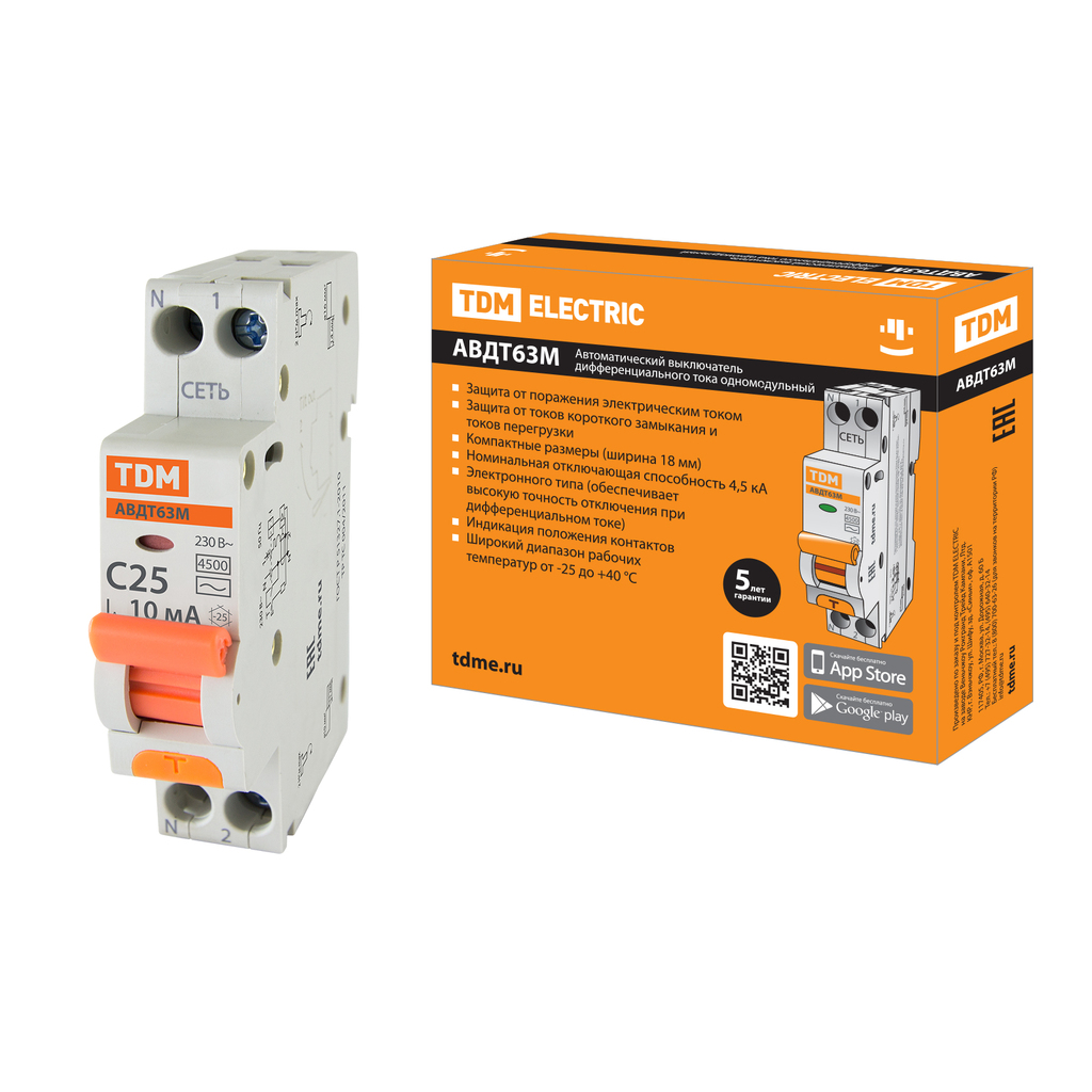 Автоматический выключатель дифференциального тока TDM 63М 2P1P+N C25 10мА 4,5кА тип АС SQ0202-0061