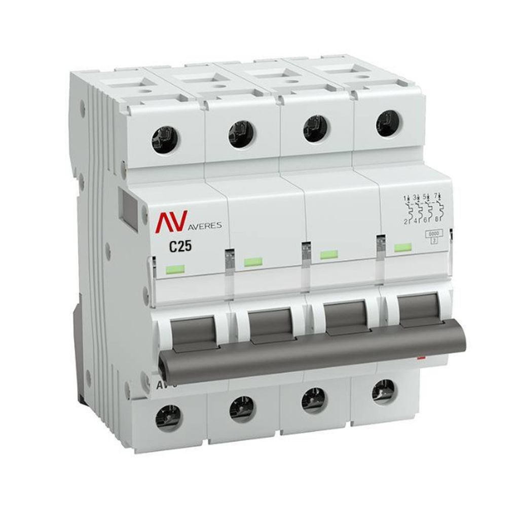 Автоматический выключатель EKF AVERES AV-6, 4P, 25A, C, 6kA, SQ mcb6-4-25C-av