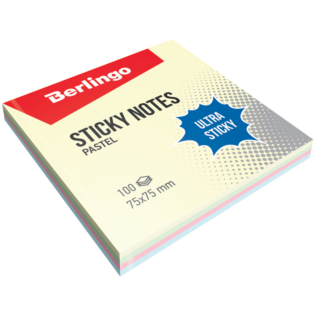 Самоклеящийся блок BERLINGO Ultra Sticky 75x75 мм, 100 листов, 4 пастельных цвета LSn_39601