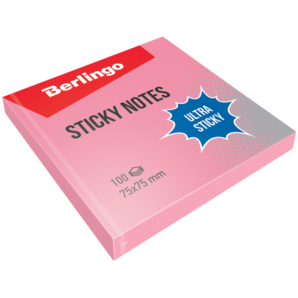 Самоклеящийся блок BERLINGO Ultra Sticky 75x75 мм, 100 листов, пастель, розовый LSn_39207