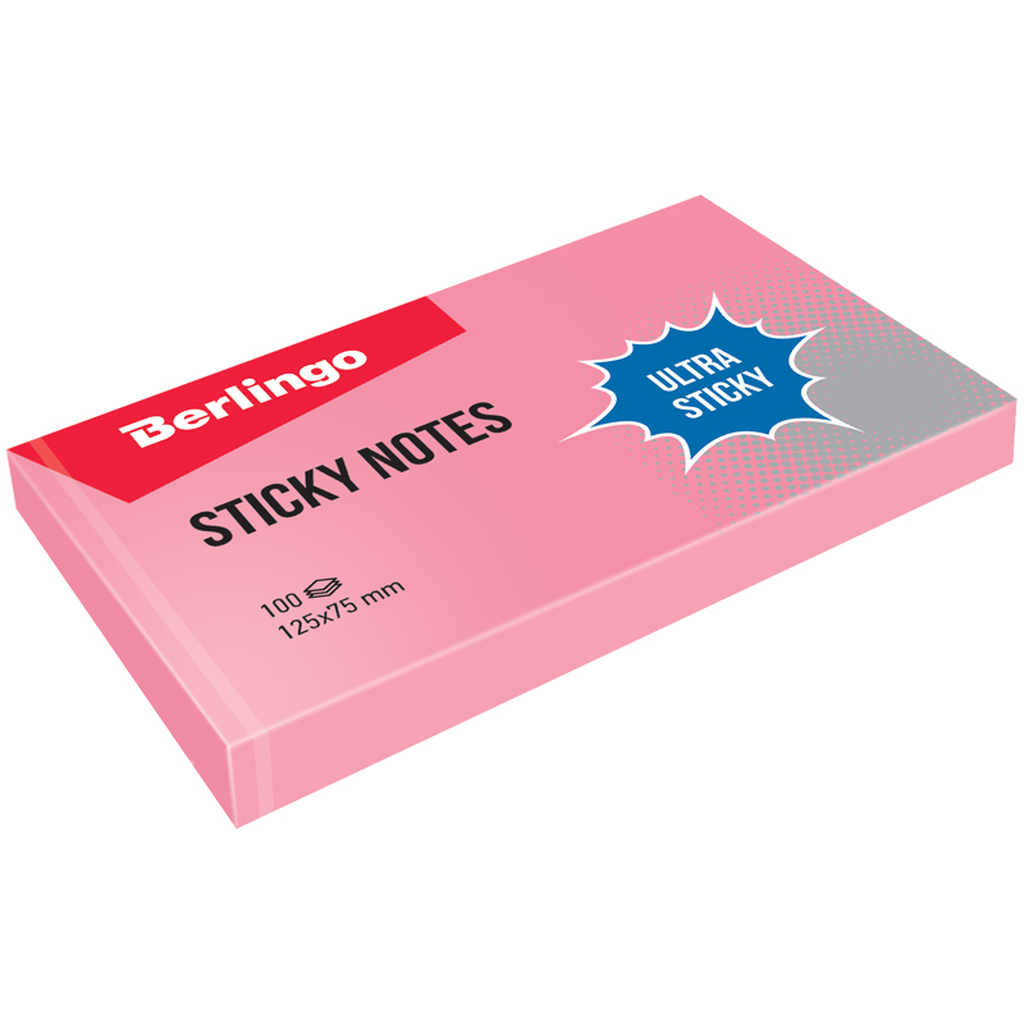 Самоклеящийся блок BERLINGO Ultra Sticky 125x75 мм, 100 листов, пастель, розовый LSn_39303