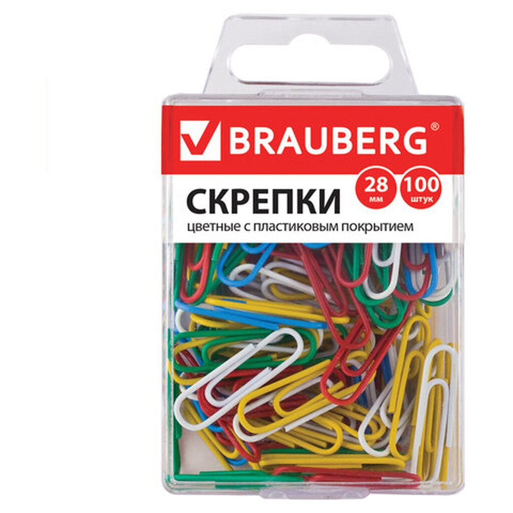 Скрепки 40 шт в упаковке BRAUBERG 28 мм цветные 100 шт. в пласт. кор. 221111