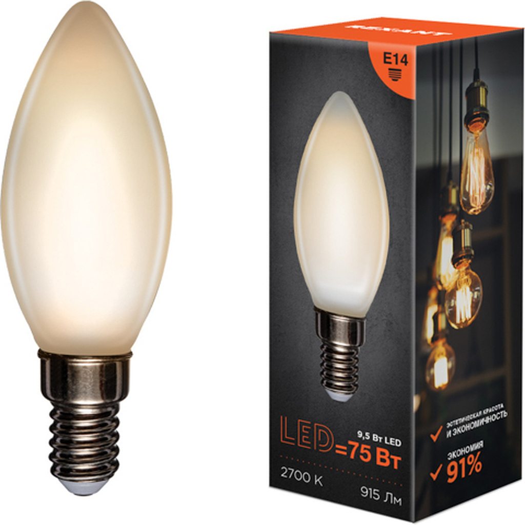 Филаментная лампа REXANT Свеча CN35 9.5 Вт 2700K E14 матовая колба 604-095