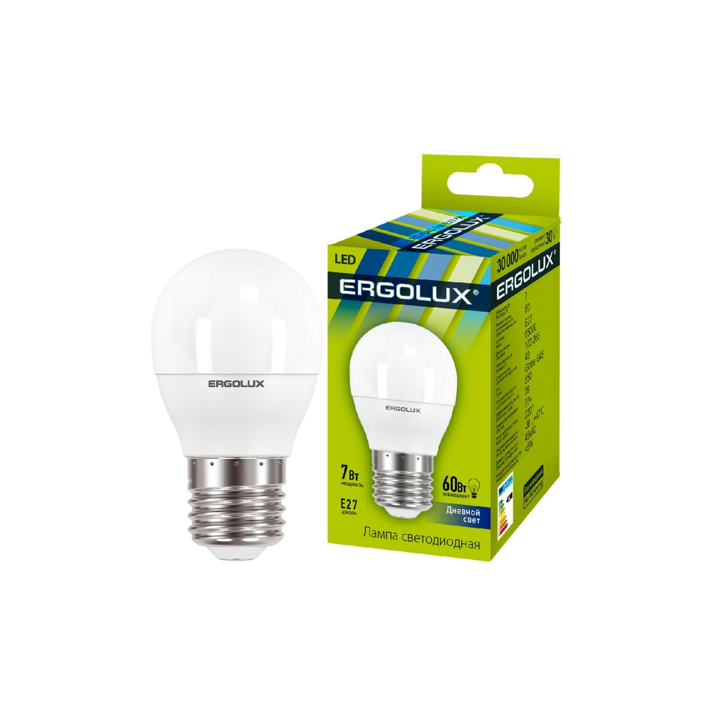 Лампа ERGOLUX LED-G45-7W-E27-6K (Эл.лампа светодиодная Шар 7Вт E27 6500K 172-265В)