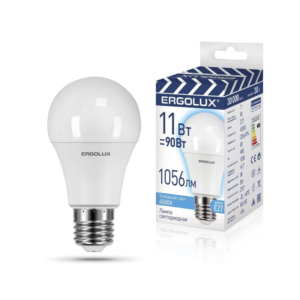 Лампа ERGOLUX LED-A60-11W-E27-4K (Эл.лампа светодиодная ЛОН 11Вт Е27 4500К 220-240В, ПРОМО)