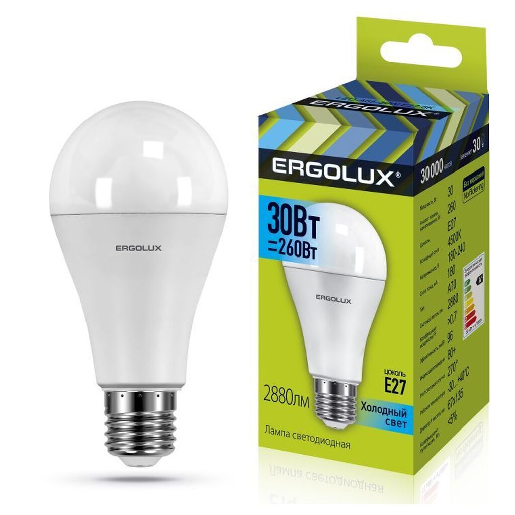 Лампа ERGOLUX LED-A70-30W-E27-4K (Эл.лампа светодиодная ЛОН 30Вт E27 4500K 180-240В)