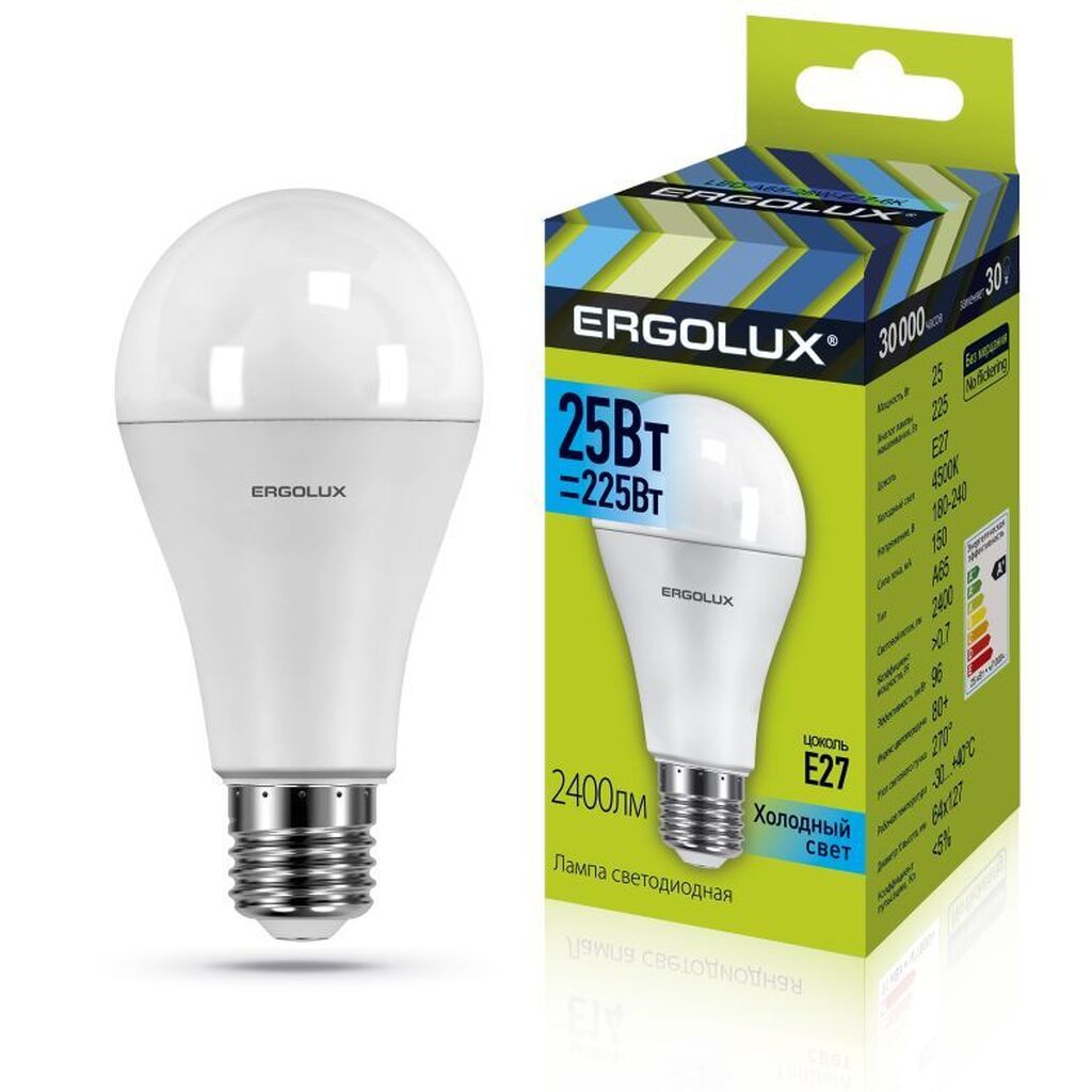 Светодиодная лампа Ergolux LED-A65-25W-E27-4K ЛОН, 25Вт, E27, 4500K, 180-240В 14236