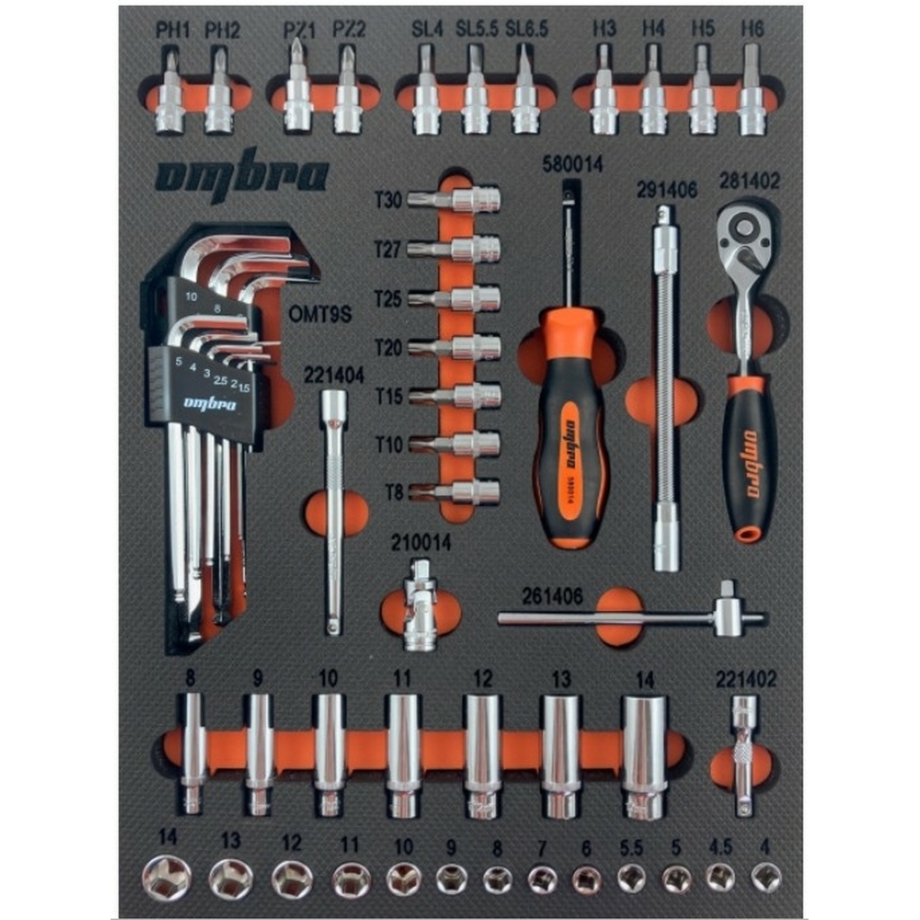 Набор торцевых головок с аксессуарами Ombra OMT54STE 1/4 DR в EVA ложементе 280х375 мм, 54 предмета 56136