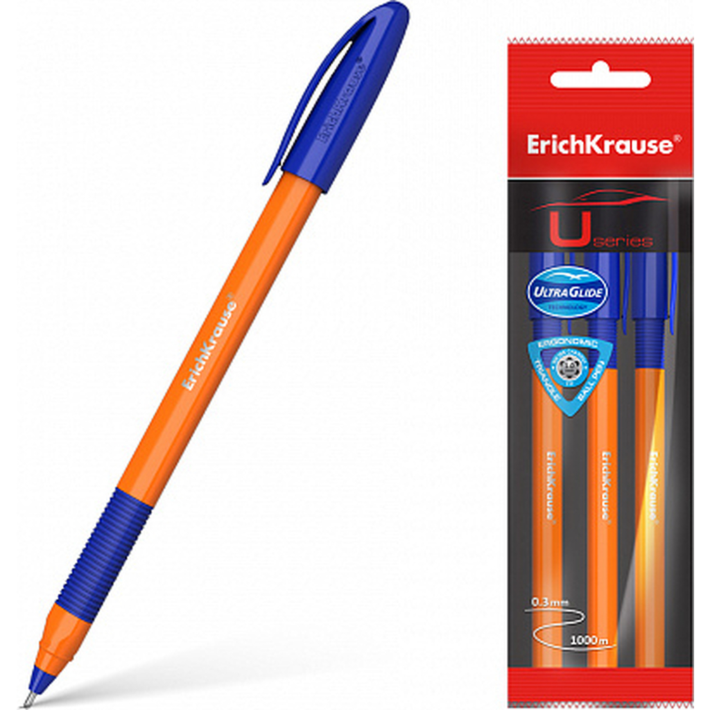 Шариковая ручка ErichKrause U-109 Orange Stick&Grip 1.0, синий в пакете по 3 шт 47592