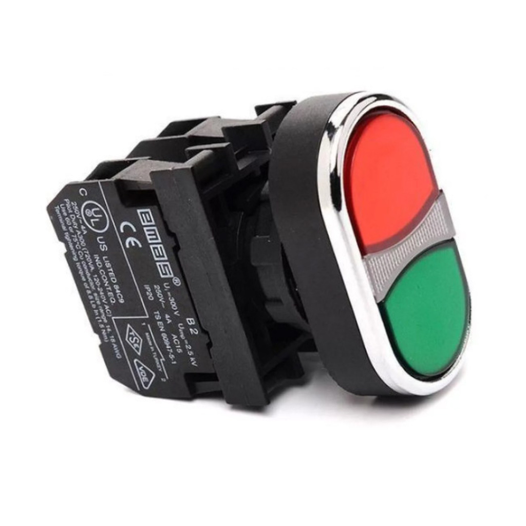 Нажимная сдвоенная кнопка Emas красно-зелёная, выступающая, 250 В AC, 4А B102K21KY