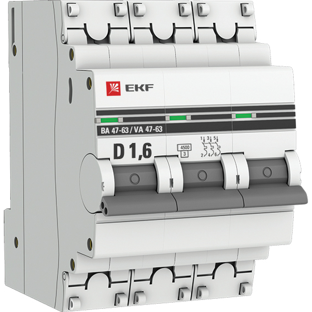 Автоматический выключатель EKF 3P, 1.6А, 4.5kA, ВА 47-63, PROxima SQmcb4763-3-1.6D-pro