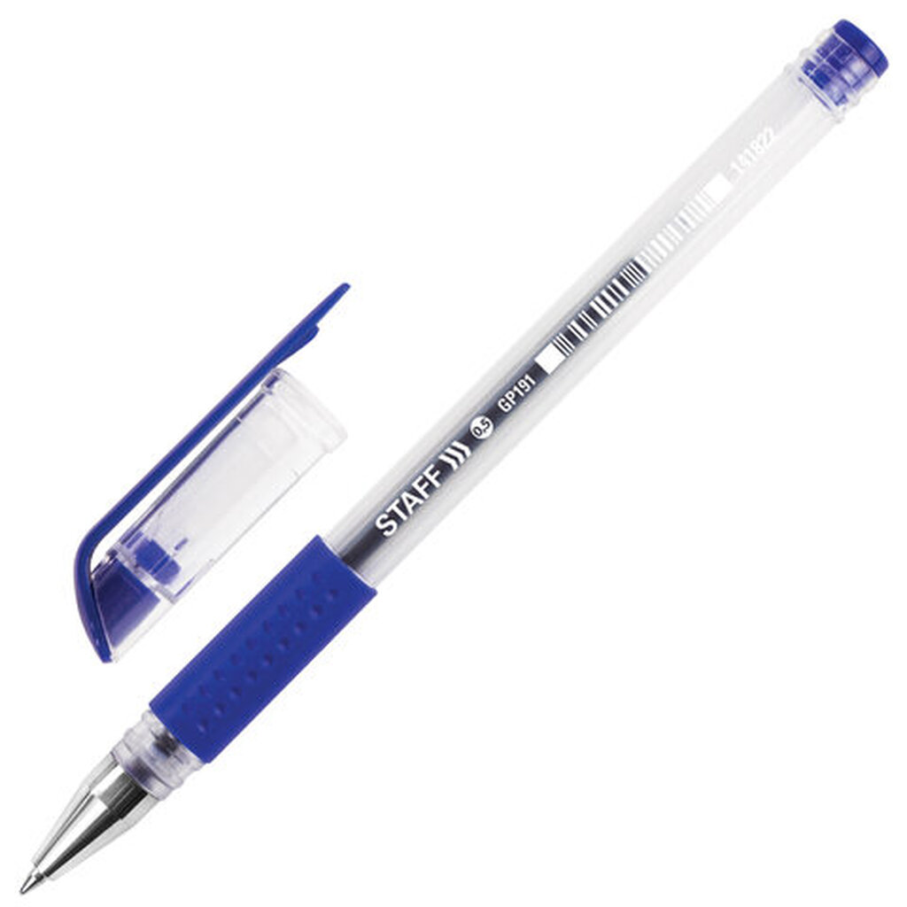 Ручка гелевая с грипом STAFF "EVERYDAY" GP-191, СИНЯЯ, корпус прозрачный, узел 0,5 мм, линия письма 0,35 мм, 141822 141822(синий)