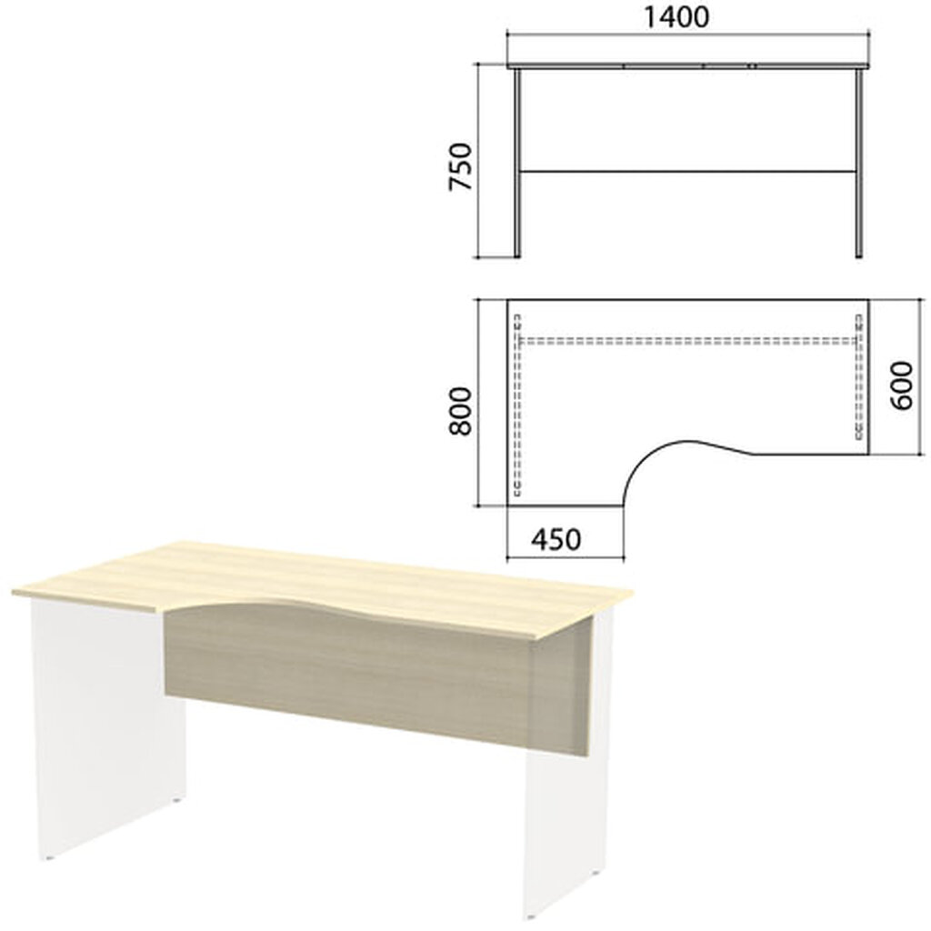 Столешница, царга стола эргономичного "Канц" 1400х800х750 мм, левый, цвет дуб молочный, СК36.15.1