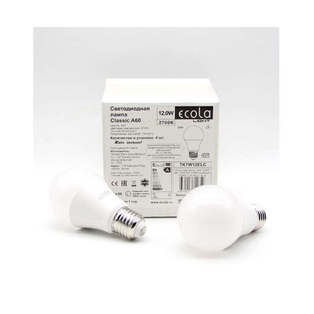 лампы светодиодные ECOLA TK7V12ELC LIGHT CLASSIC LED 12,0W A60 220V E27 4000K (композит) 110X60 (1 из ч/б уп. по 4)