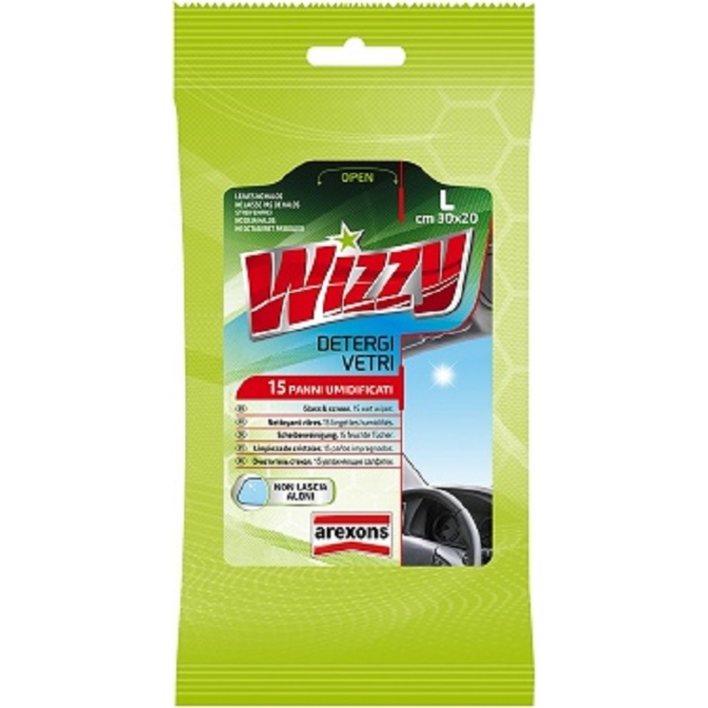 Салфетки для чистки стекол больших размеров AREXONS WIZZY DETERGI VETRI 6 LINGUE 15 шт. 1932M