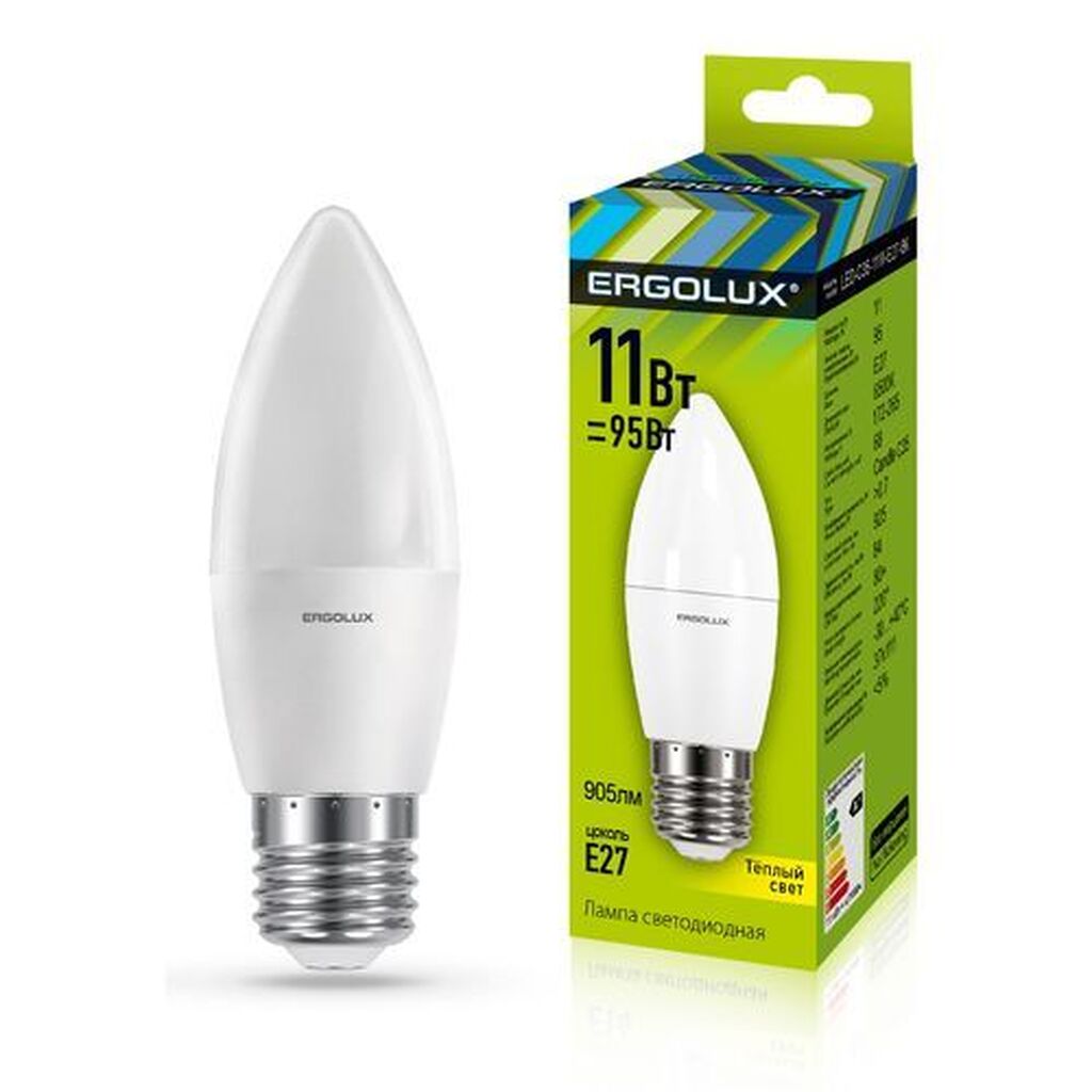 Лампа ERGOLUX LED-C35-11W-E27-3K (Эл.лампа светодиодная Свеча 11Вт E27 3000K 180-240В)