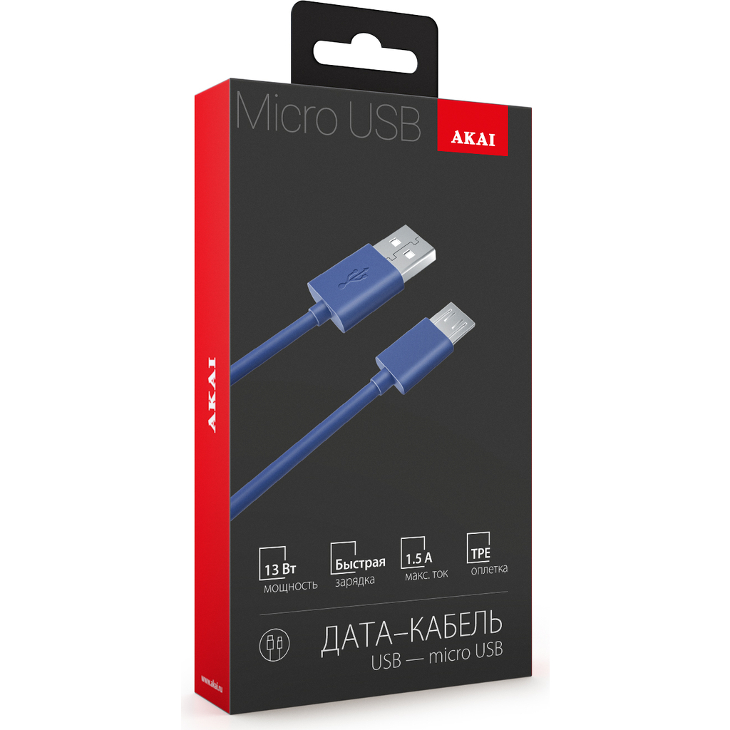 Дата-кабель AKAI microUSB, 1м, 1,5А, синий CE-453BL