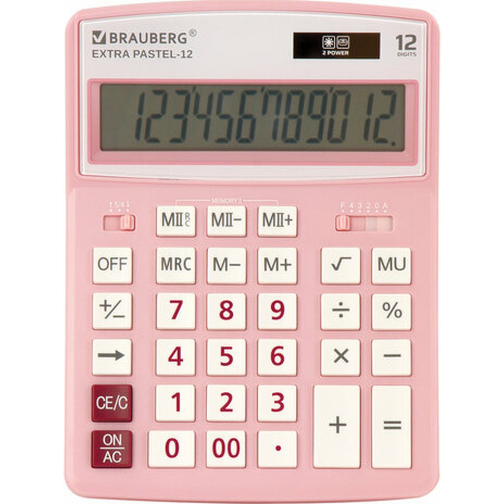 Настольный калькулятор BRAUBERG EXTRA PASTEL-12-PK 206x155 мм, 12 разрядов, розовый 250487