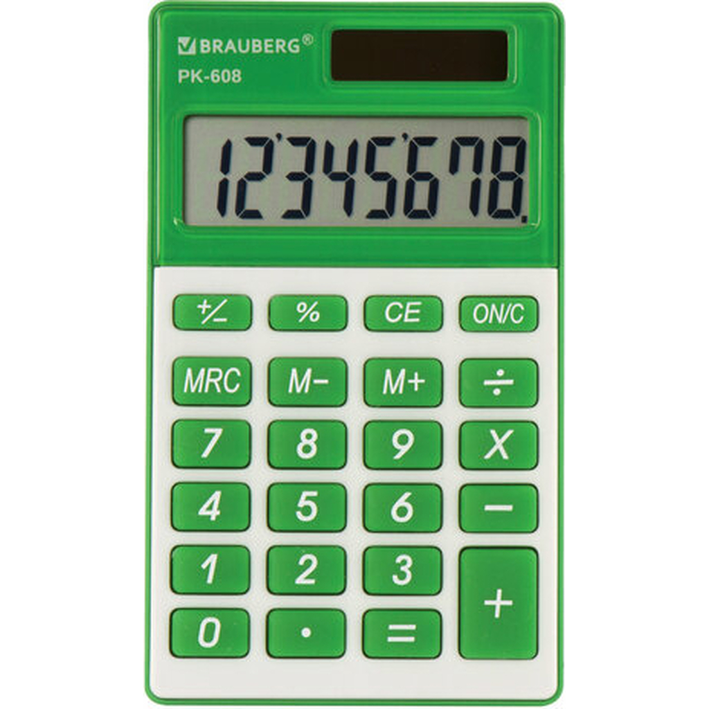 Карманный калькулятор BRAUBERG PK-608-GN 107x64 мм, 8 разрядов, двойное питание, зеленый 250520