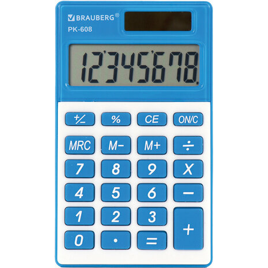 Карманный калькулятор BRAUBERG PK-608-BU 107x64 мм, 8 разрядов, двойное питание, синий 250519