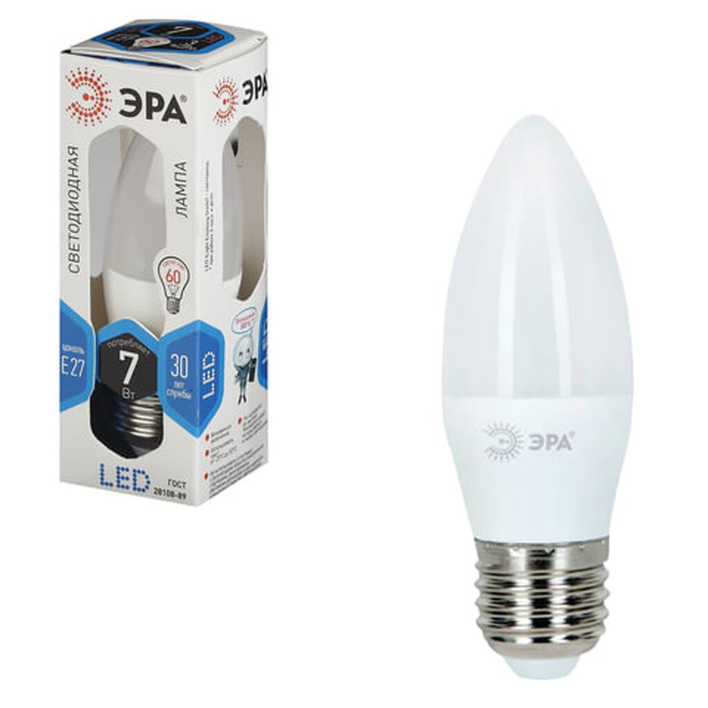Лампа светодиодная ЭРА, 7 (60) Вт, цоколь E27, "свеча", холодный белый свет, 30000 ч., LED smdB35-7w-840-E27 ERA