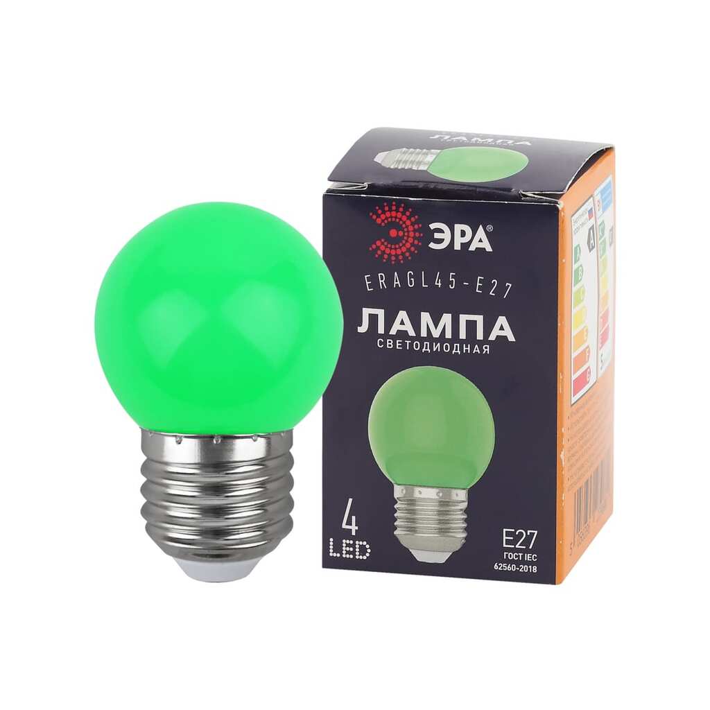 Светодиодная лампа ЭРА ERAGL45E27 LED Р451WE27, шар, 4SMD, 1W, E27, для белтлайт, 10/100/6000, зеленый Б0049574