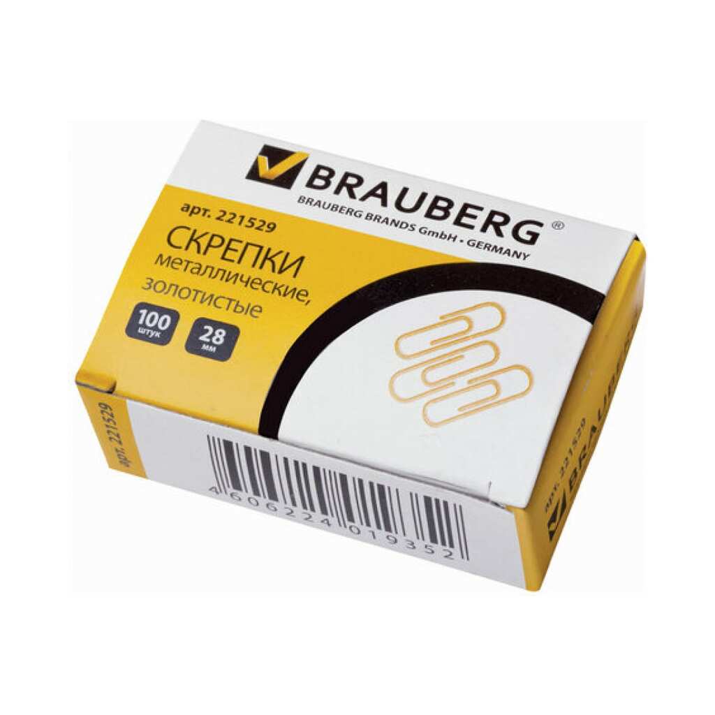 Скрепки  BRAUBERG 28 мм золот. 100 шт. в карт. коробке 221529