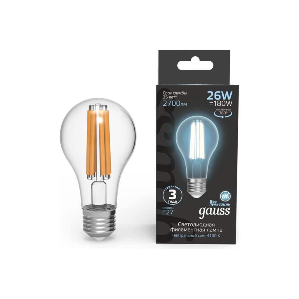 Лампа Gauss Filament А70 26W 2700lm 4100К Е27 LED 1/10/40 102902226