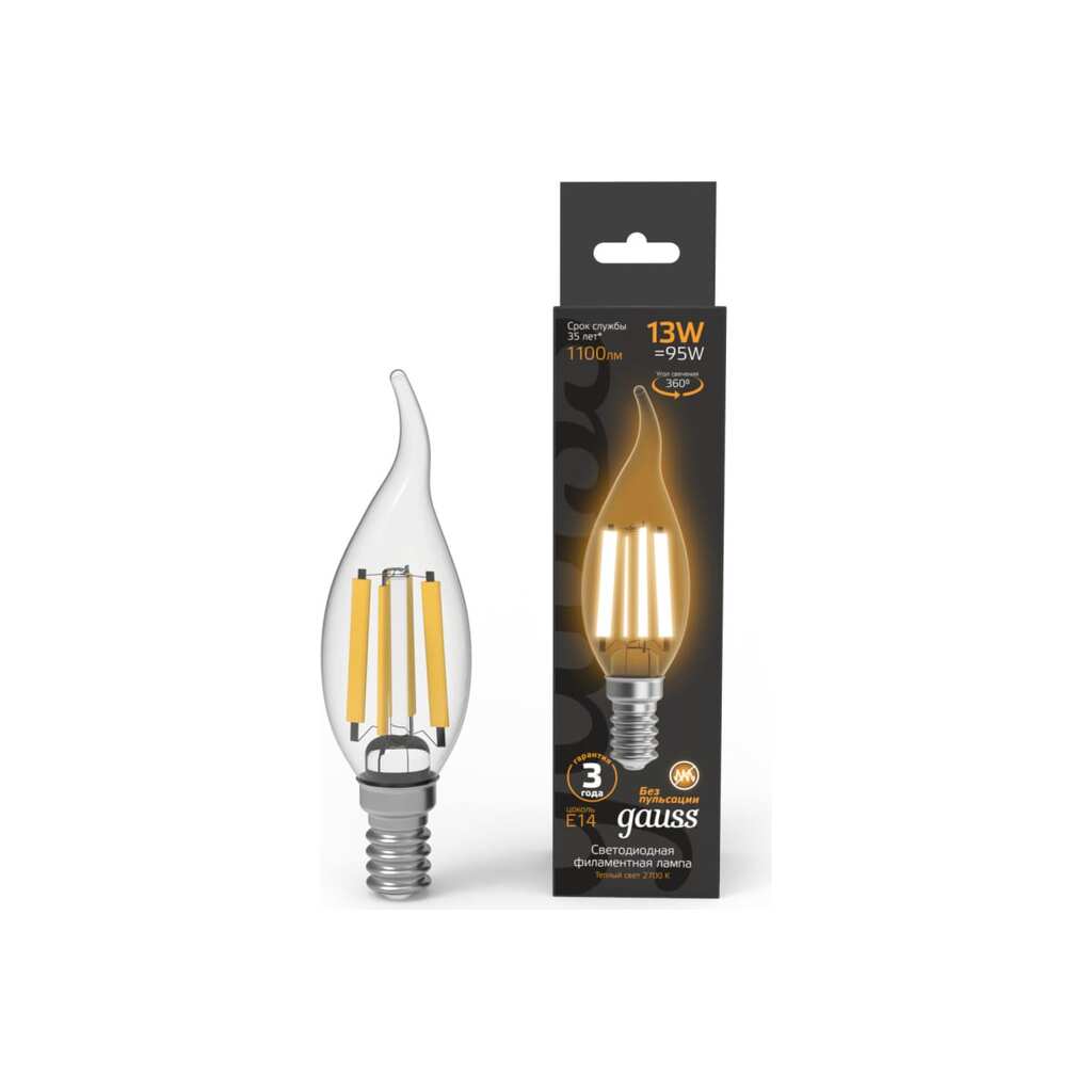 Лампа Gauss Filament Свеча на ветру 13W 1100lm 2700К Е14 LED 1/10/50 104801113