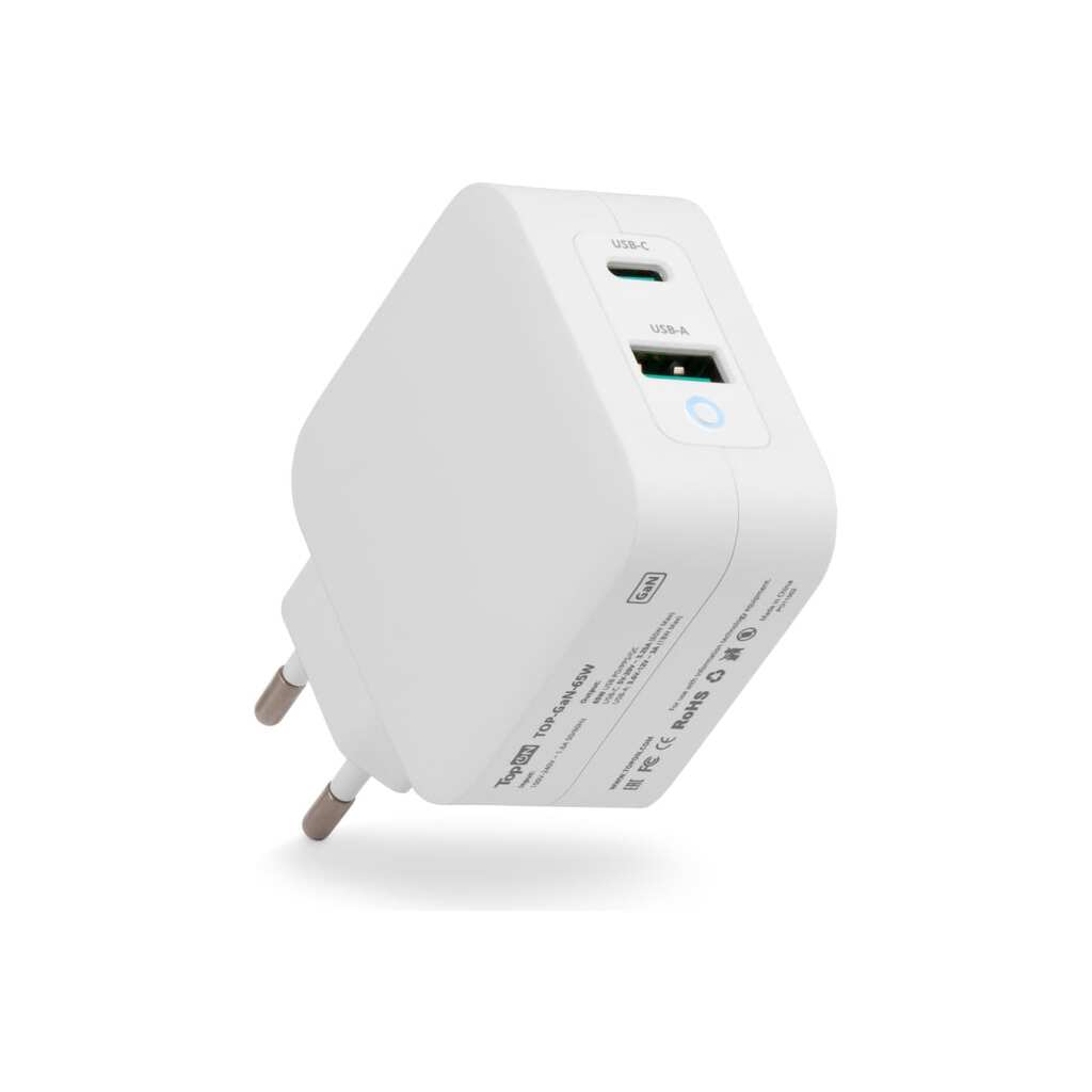 Блок питания TopOn GaN 65W Type-C PD, PPS, USB QC Белый TOP-GaN-65W