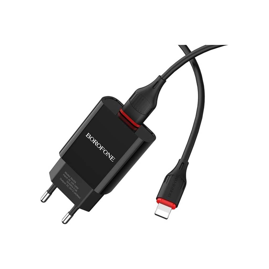 Сетевое зарядное устройство Borofone BA20A, 1хUSB-А + кабель AM-8pin Lightning, 1 м, черный 23752-BA20ABKI