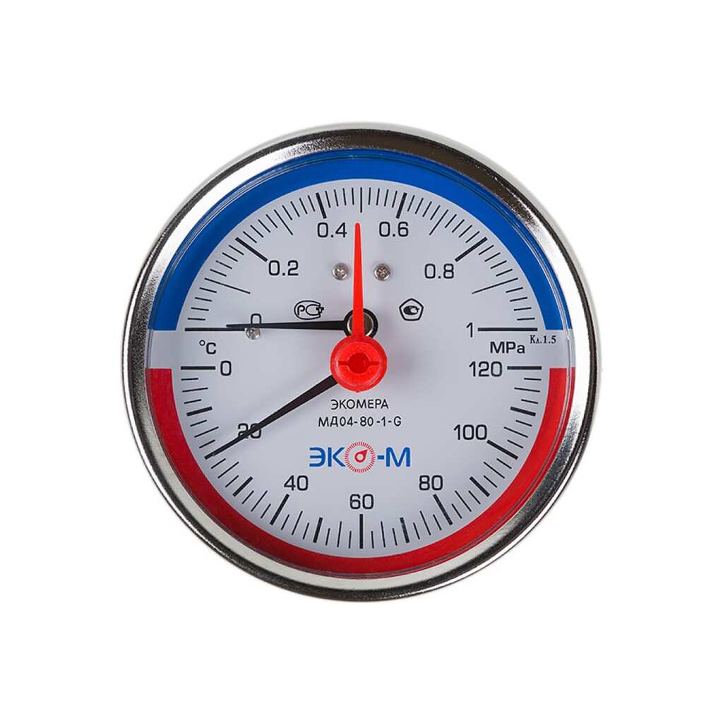 Термоманометр ЭКО-М Экомера с переходником на G1/2 осевой МД04-80-G-1МПа-120-L-60-ОИ