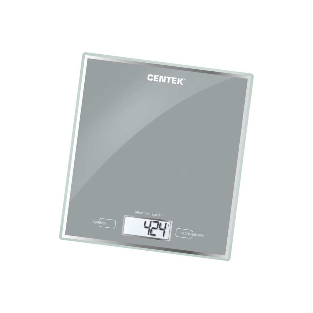 Кухонные весы Centek CT-2462 серебристый, электронные, стеклянные, LCD, 190x200 мм, max 5 кг, шаг 1 г CT-2462 Silver