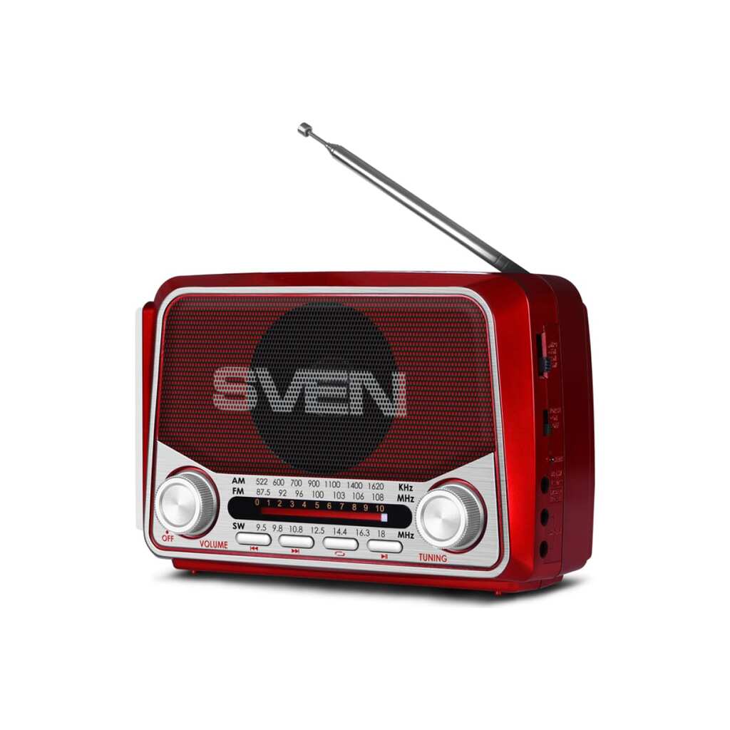 Радиоприёмник SVEN АС SRP-525 красный, 3 Вт, FM/AM/SW, USB, microSD, фонарь, встроенный аккумулятор SV-017163