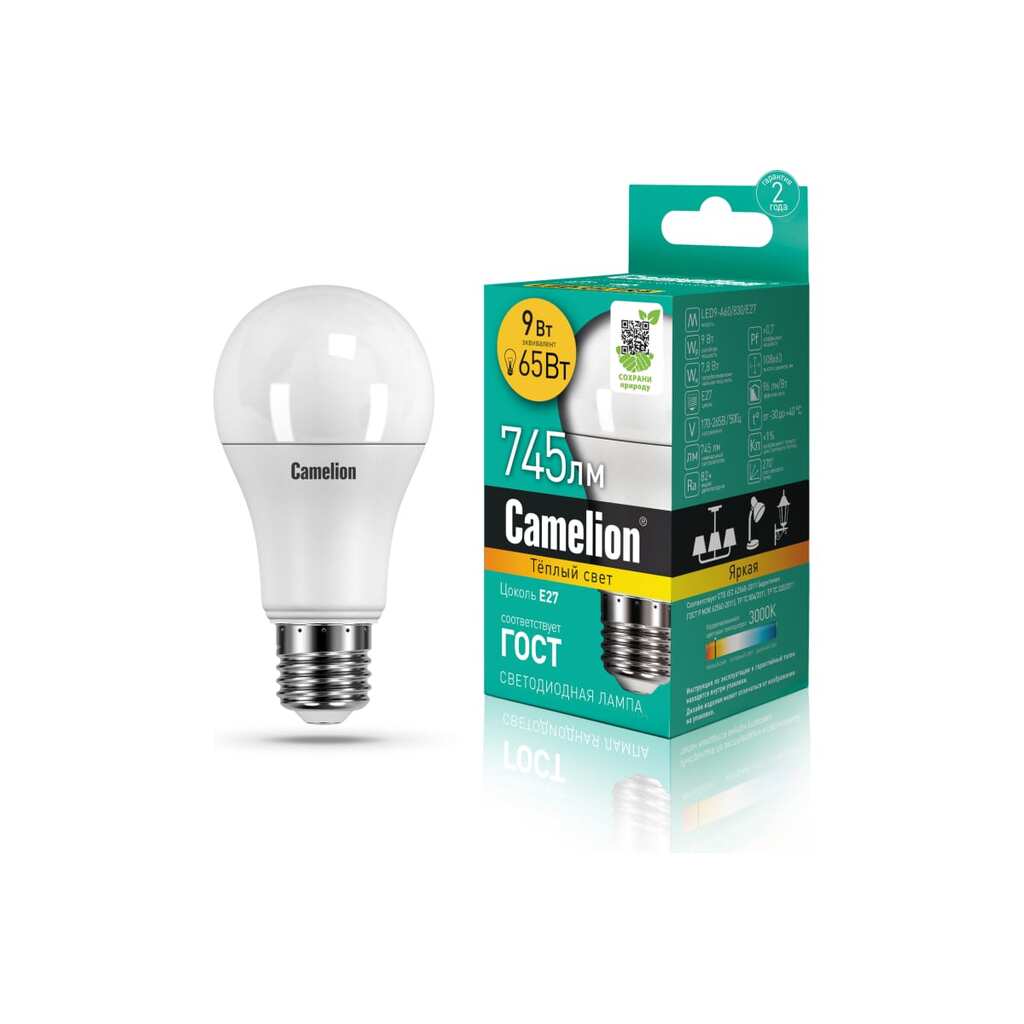 Светодиодная лампа 9Вт 220В Camelion LED 9-A60/830/E27 12043