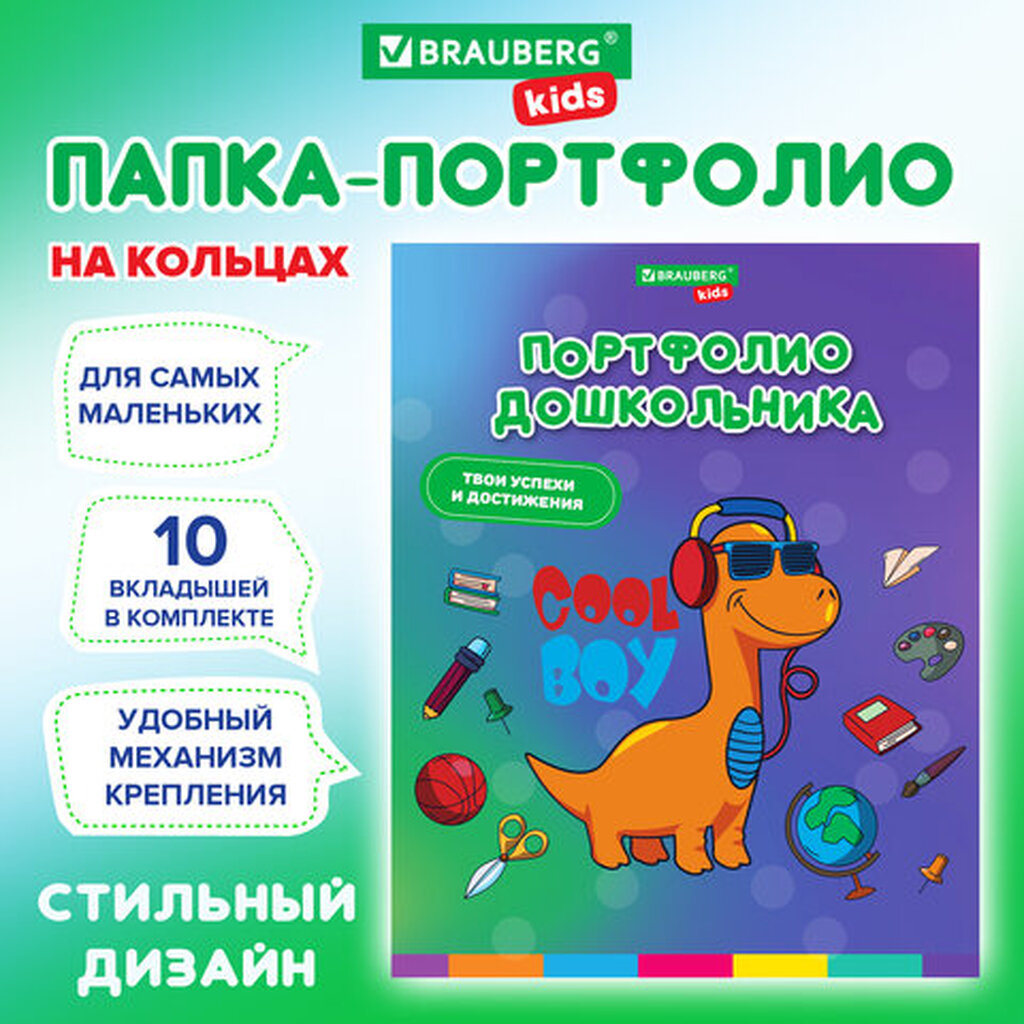 Папка-портфолио дошкольника, А4, 4 кольца, 20 файлов, 10 вкладышей, МАЛЬЧИК, BRAUBERG, 115238