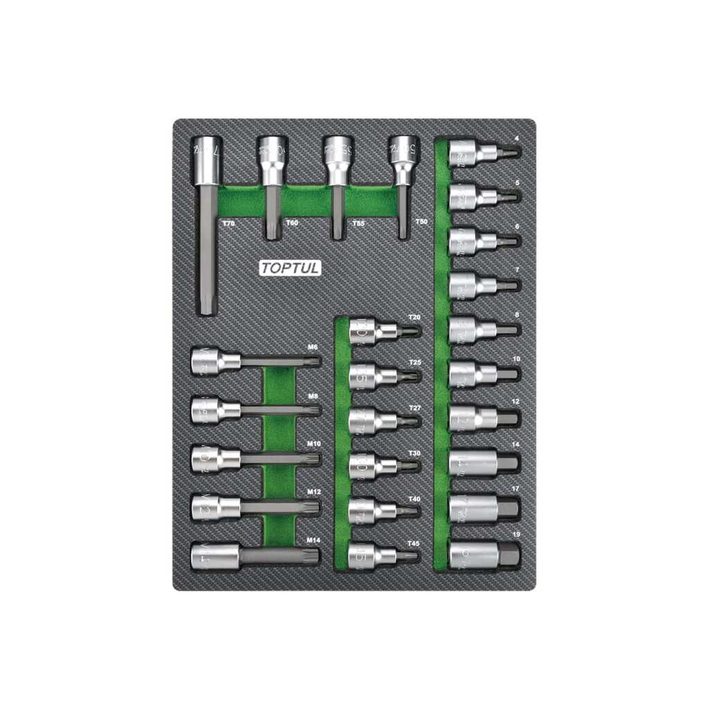 Набор головок торцевых с насадками Hex, Torx, Spline, 25 предметов, 1/2"DR, в мягком ложементе TOPTUL GEB2501