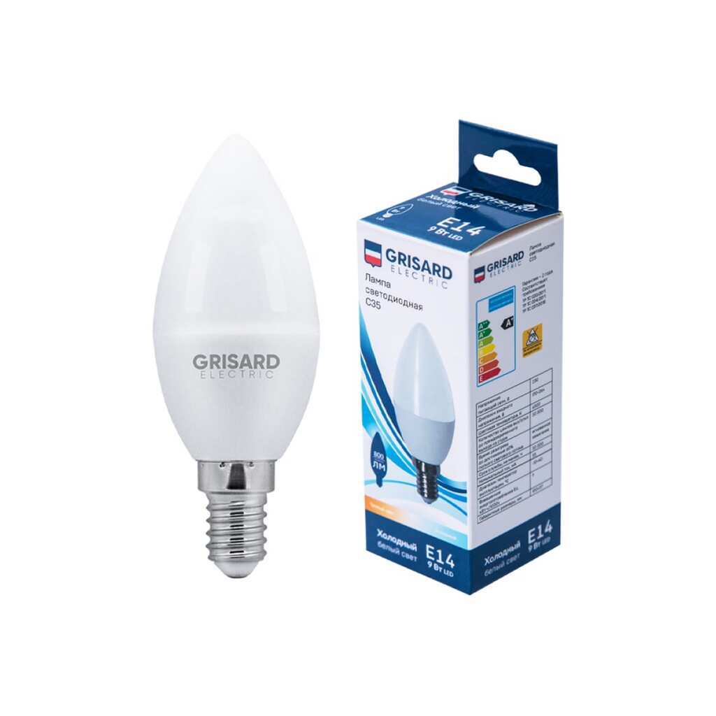 Светодиодная лампа Grisard Electric свеча С35 E14 9Вт 6500K (10 шт/уп) GRE-002-0098