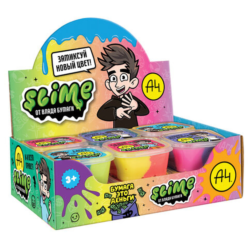 Слайм (лизун) "Slime ВЛАД А4" АССОРТИ, 60 г, шоубокс, 12 штук, 3 вида, SLIME, SLM068