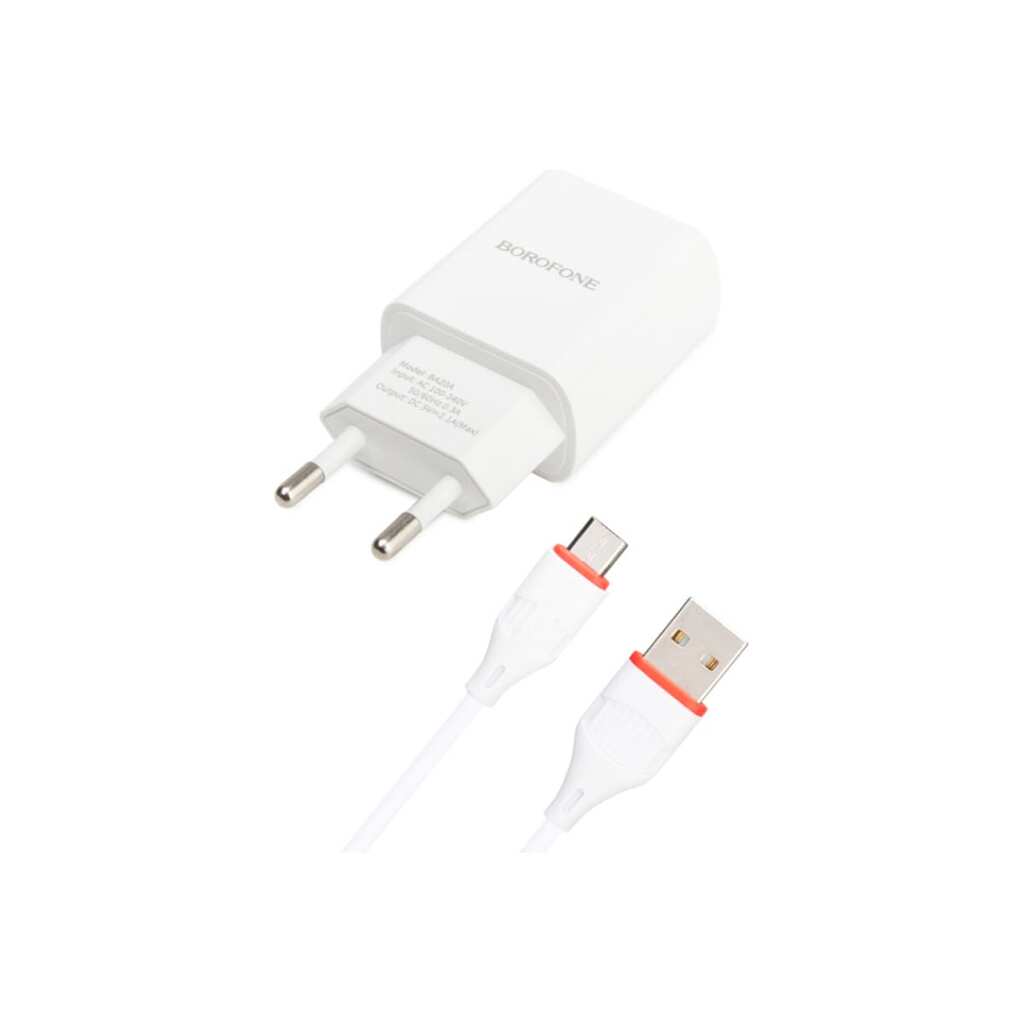 Сетевое зарядное устройство Borofone ba20a sharp 1xusb, 2.1а + кабель microusb, 1м, белый 0L-00043191